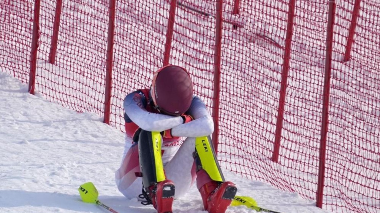Mikaela Shiffrin looks dejected after crashing out again. Picture: Supplied