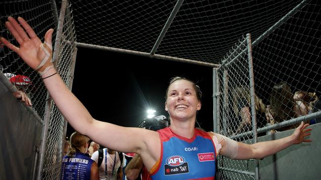 Katie Brennan celebrates the Bulldogs AFLW Round 1