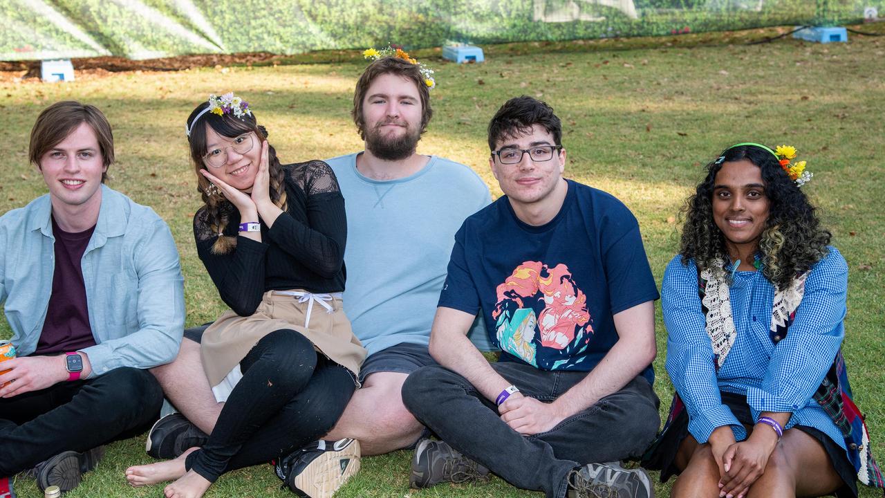 Mason Angus (left), Sinn Tan, Rhett Simpson, John Stephens and Gloria Fernando at the Toowoomba Carnival of Flowers Festival of Food and Wine, Sunday, September 15, 2024. Picture: Bev Lacey