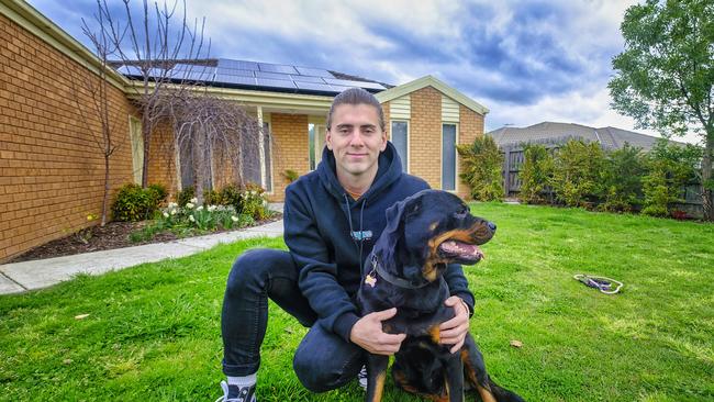 Serg Duscas with Zara at home in Pakenham on Sunday. Picture: Luis Enrique Ascui