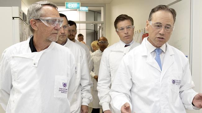 Federal Health Minister Greg Hunt MP speaks with Professor Paul Young during a visit to the National Biologics Facility at the University of Queensland in November. Picture: NCA NewsWire / Sarah Marshall