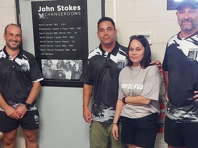 Palmerston Magpies club president Carmine Rauseo, Mathew Stokes, Amy Stokes and coach Mark Tyrrell at the newly named John Stokes changerooms.