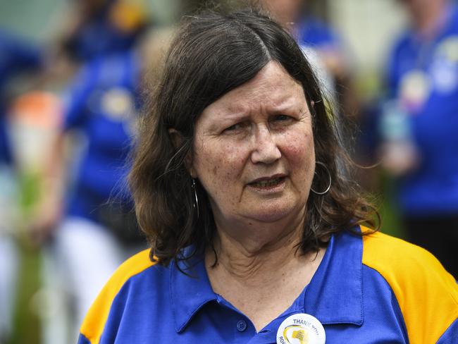 Leonie Sheedy, member of the Care Leavers Australasia Network (CLAN) speaks to the media after the Royal Commission into Child Sexual Abuse handed over their final report to Australian Governor-General Sir Peter Cosgrove outside Government House in Canberra, Friday, December 15, 2017. (AAP Image/Lukas Coch)