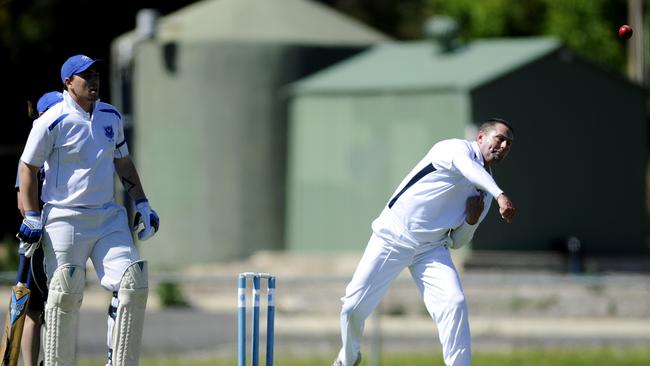 Morphett Vale bowler Kyle Petty bowling in a Southern Cricket Association game against Flagstaff Hill in 2013. Picture: Noelle Bobrige 