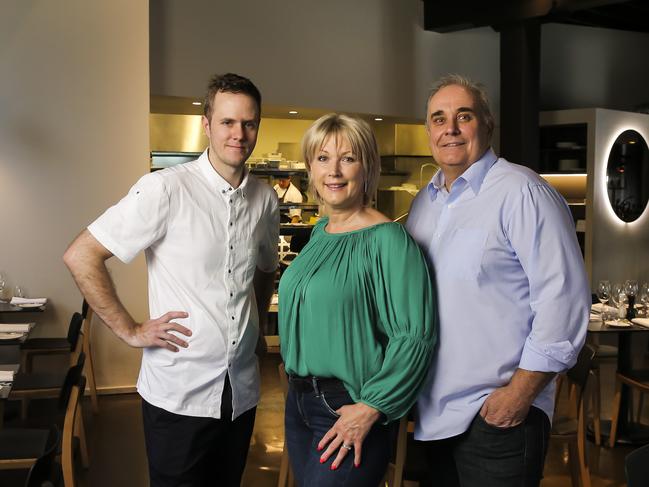 Queensland Taste - Chef Simon Palmer, Philip Johnson and Mary Randles at E'cco Bistro. Pic Mark Cranitch.