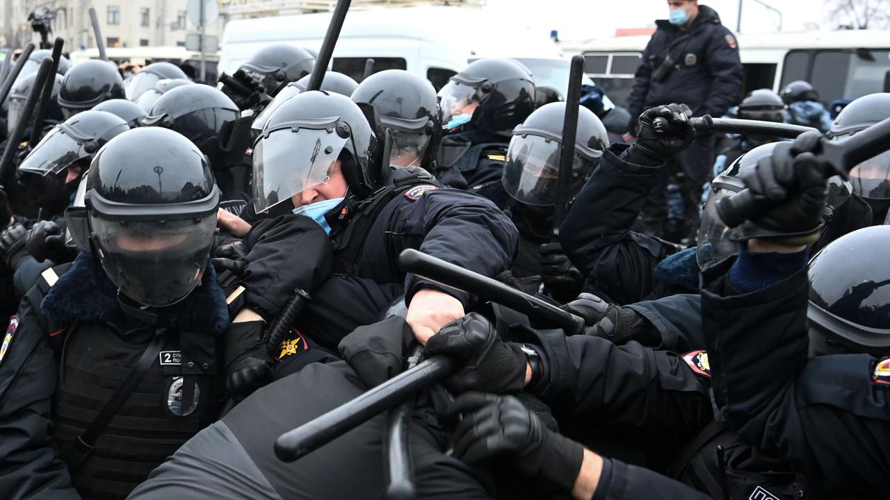 Protesters clash with riot police during a rally in support of jailed opposition leader Alexei Navalny in downtown Moscow. Picture: Kirill Kudryavtsev/AFP