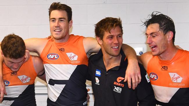 Jacob Hopper, Jeremy Cameron, Matt De Boer and Jake Stein singing the club song after Stein’s debut.