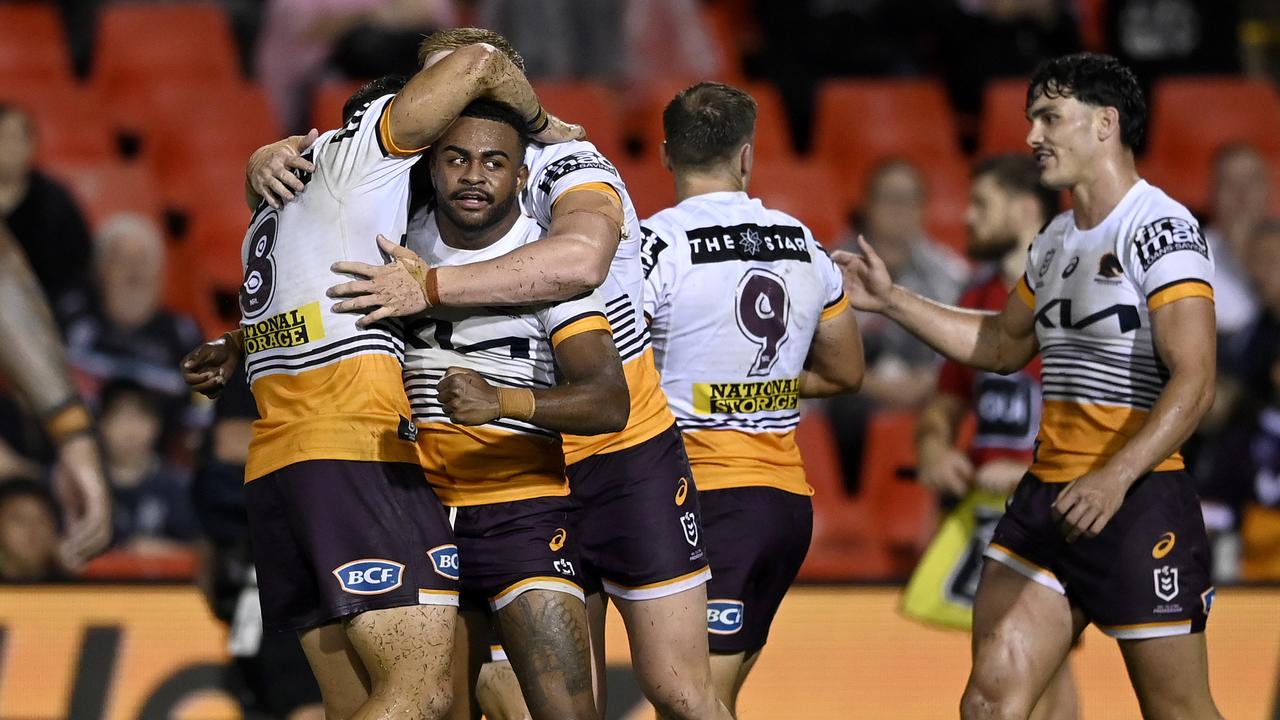 Broncos players celebrate their win over the Panthers. Picture: NRL Photos