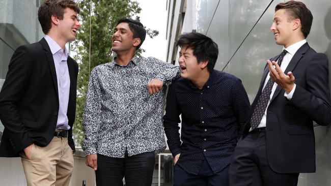 Sydney Grammar School students Jack Zimmerman, Kiran Gupta, Alexander Yao and Richard Palumbo topped their courses in the 2018 HSC. Picture: Jonathan Ng