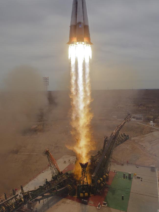 The Soyuz-FG rocket booster with Soyuz MS-04 space ship carrying a new crew to the International Space Station on April 20, 2017. Picture: AP Photo