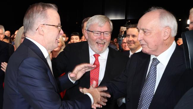 Labor leader Anthony Albanese welcomed by Kevin Rudd and Paul Keating at the Labor Party launch. Picture: Liam Kidston.