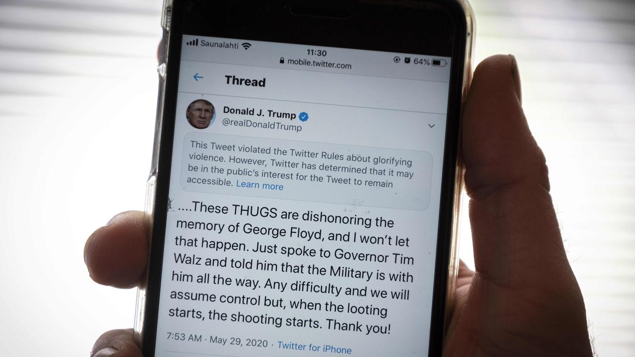 Donald Trump’s tweet was hidden on Twitter for “glorifying violence”. Picture: Olivier Morin/AFP