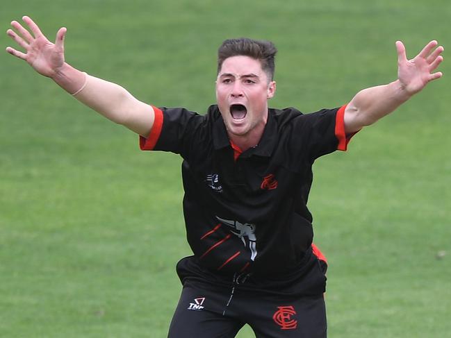 Connor Rutland of Essendon appeals for a wicket during the Victorian Premier Cricket match between Essendon and Prahran at Windy Hill in Essendon, Saturday, January 11, 2020. (Photo/Julian Smith)