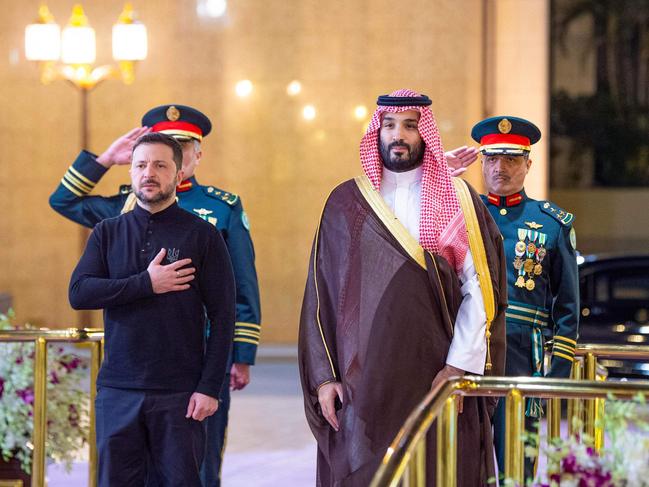 Ukraine's President Volodymyr Zelensky and Saudi Crown Prince Mohammed bin Salman at the Royal Palace. Picture: Saudi Press Agency/AFP