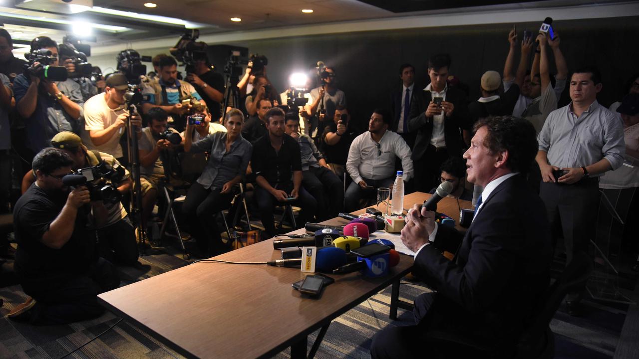 The president of the South American football's governing body Conmebol, Paraguayan Alejandro Dominguez, speaks to the press