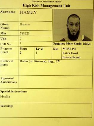 Bassam Hamzy's Supermax cell card with details of approved items and diet. Picture: Adam Taylor