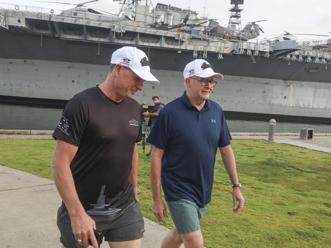 Mr Albanese and Vice Admiral Mark Hammond are in San Diego for the AUKUS announcement. Picture: Sandy Huffaker