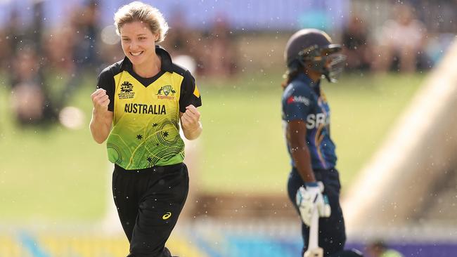 Nicola Carey celebrates after taking the wicket of Sri Lanka’s Chamari Athapaththu at the WACA Ground. Picture: Getty Images