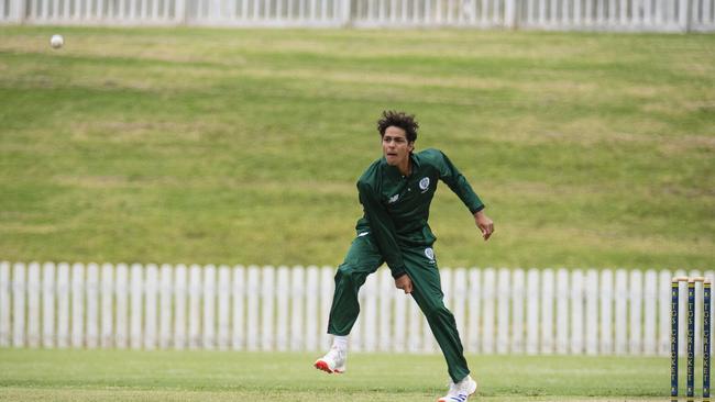 D'Arcy Satharasinghe bowls for Brisbane Boys College. Picture: Kevin Farmer