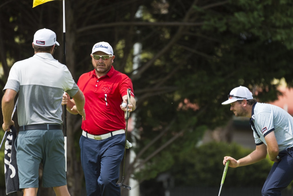 David Bransdon (centre) in round three of the Queensland PGA Championship at City Golf Club, Saturday, February 15, 2020. Picture: Kevin Farmer