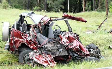 THE mangled four-wheel-drive in which a 51-year-old man died in a three-vehicle crash on the Peak Downs Highway near Nebo on February 11. The driver of the four-wheel drive was killed when his vehicle and a fuel tanker collided head-on. A ute then collided with the wreckage. 