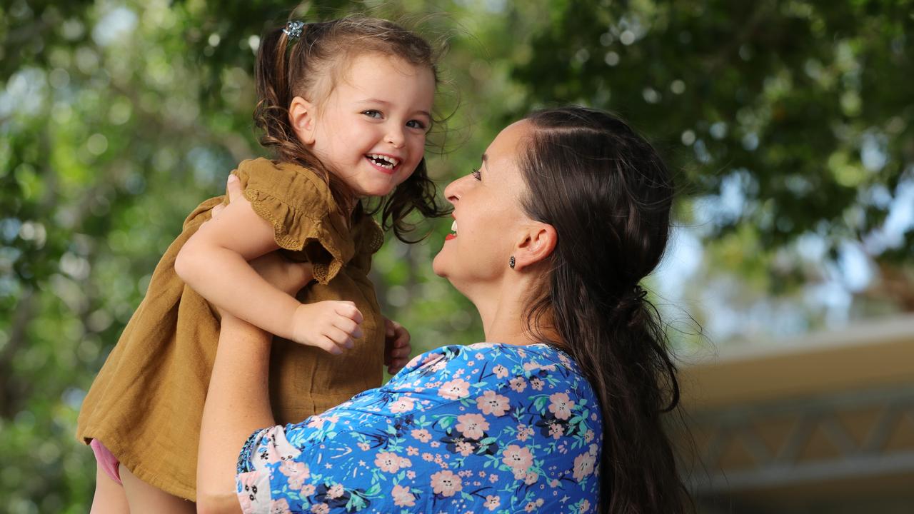 Sunshine Coast Mum Gemma Rivers with her three-year-old daughter Nell who swallowed a fridge magnet as an 18-month-old. Photo: Lachie Millard.