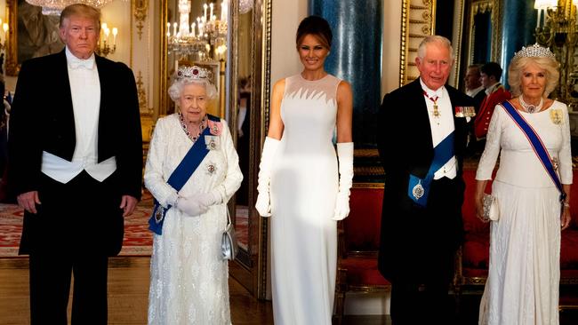 Some considered Queen Elizabeth’s outfit at the recent state banquet to be taking a subtle dig at President Trump. Picture: Doug Mills/Pool/AFP