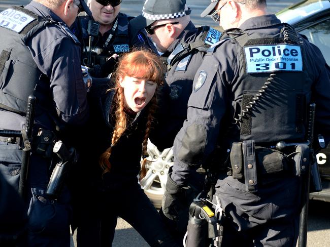 Police arrested 14 protesters at Lorimer St in Port Melbourne. Picture: NCA NewsWire / Andrew Henshaw