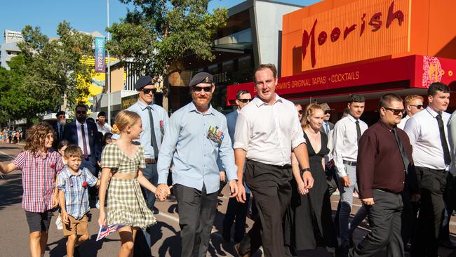 The Anzac Day march through Knuckey Street in Darwin. Picture: Pema Tamang Pakhrin