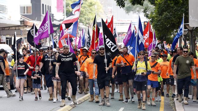 CFMEU workers pictured marching through the streets of Brisbane, 27th August 2024.