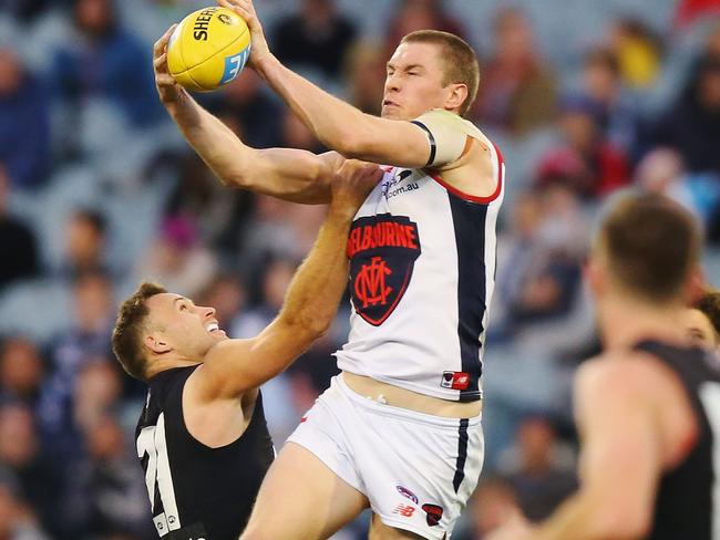 Tom McDonald marks over Carlton’s Ciaran Sheehan. Picture: Getty Images