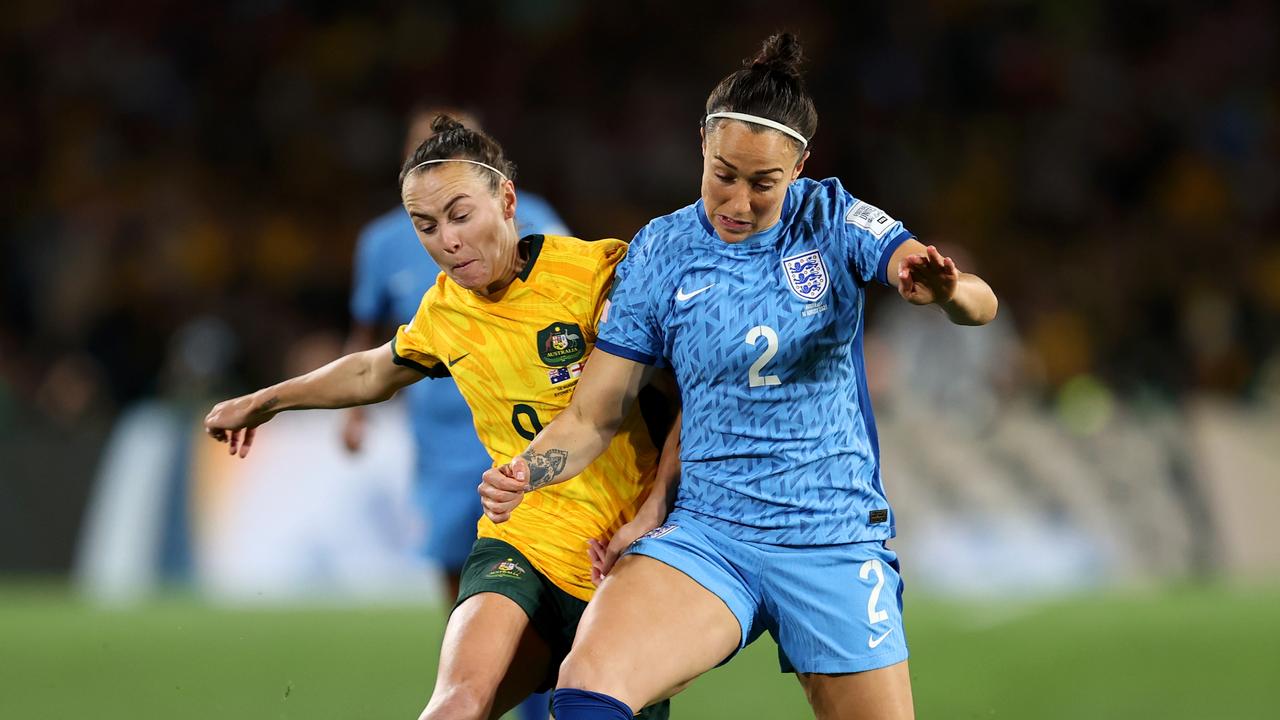 Caitlin Foord was roughed up by England’s Lucy Bronze. (Photo by Brendon Thorne/Getty Images)