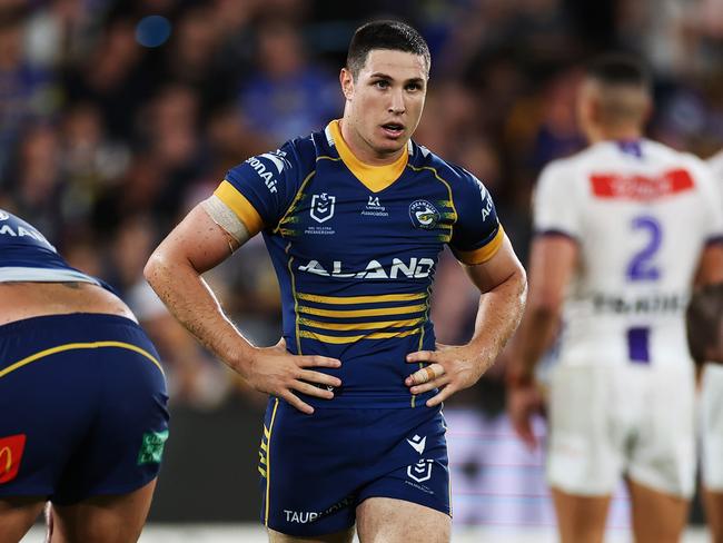 SYDNEY, AUSTRALIA - MARCH 02: Mitchell Moses of the Eels looks on during the round one NRL match between the Parramatta Eels and the Melbourne Storm at CommBank Stadium on March 02, 2023 in Sydney, Australia. (Photo by Cameron Spencer/Getty Images)