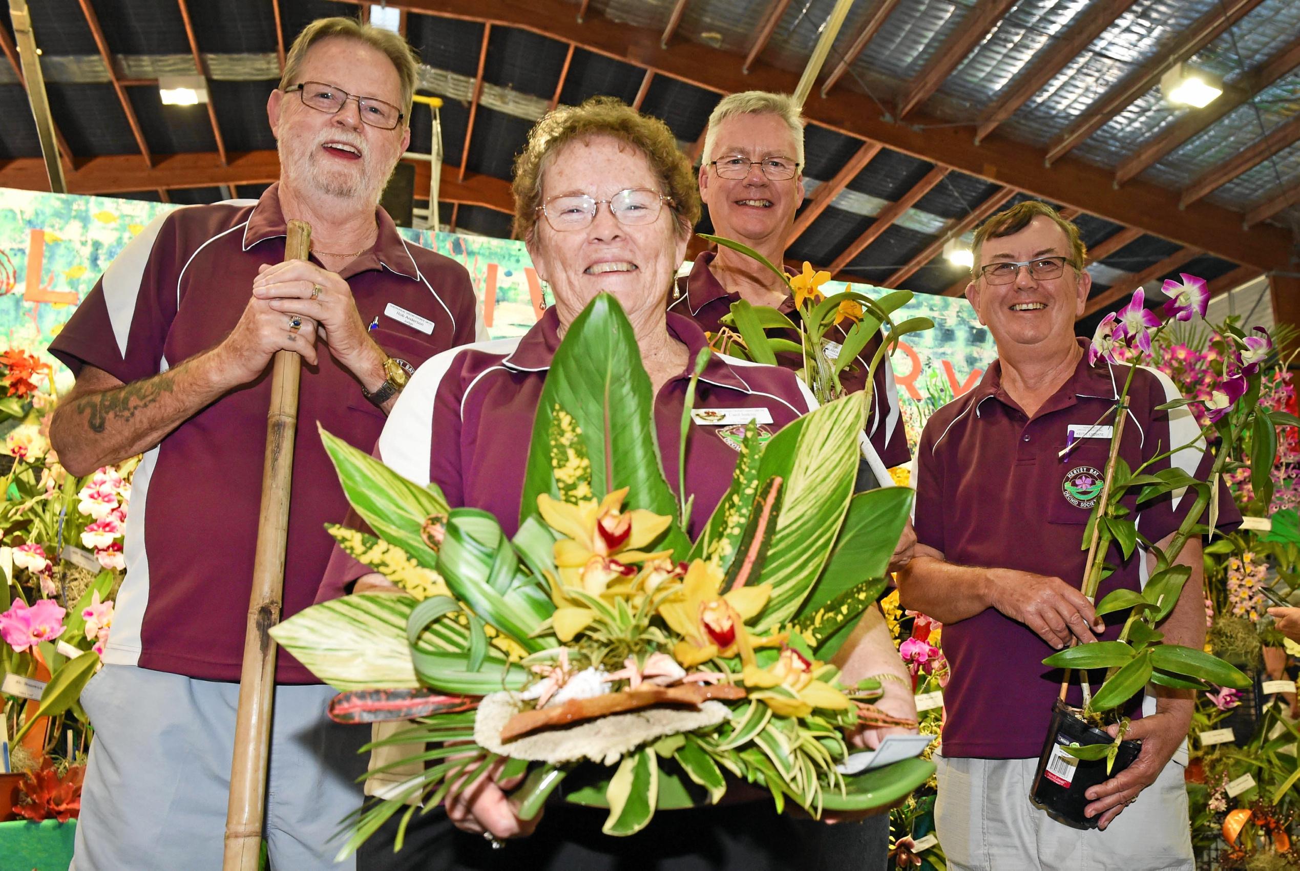 Hervey Bay Spring Orchid & Garden Spectacular - (L) Rob Anderson, Carol Jenkins, Giles Blaber and Keith Lyiadat from the Hervey Bay Orchid Society. Picture: Cody Fox