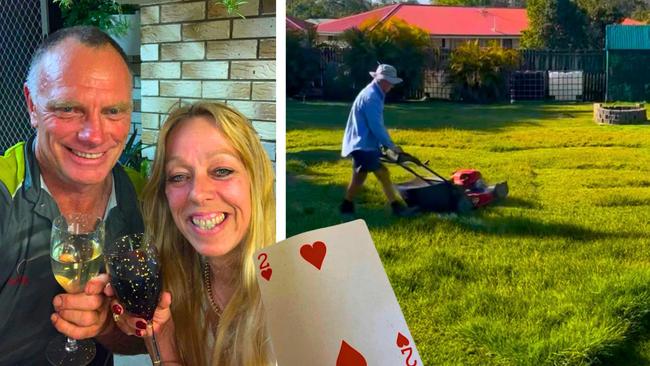 A tragic truck rollover at Victoria Point killed Brad Arnold and changed life forever for his long-time partner Geraldine Price. Mr Arnold mows a heart shape into the lawn for Ms Price. Pictures: Contributed