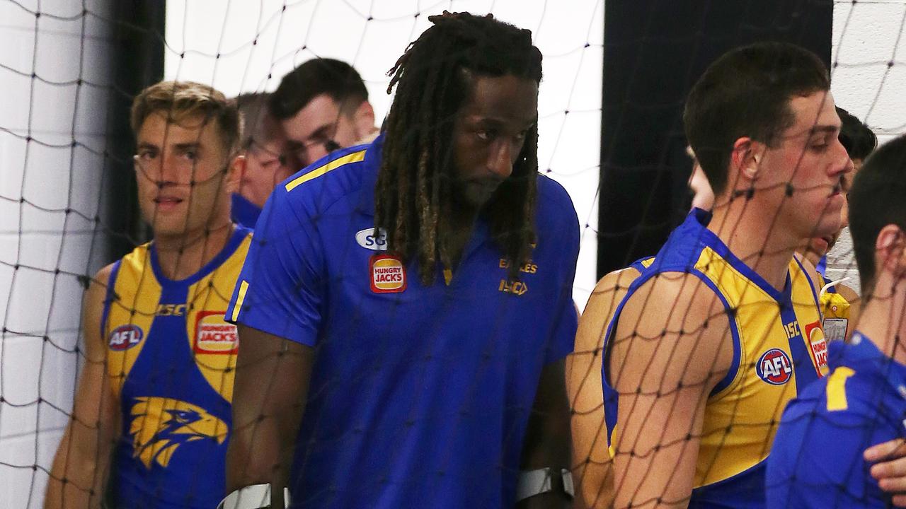 West Coast's Nic Naitanui after the game on crutches. Picture: Michael Klein