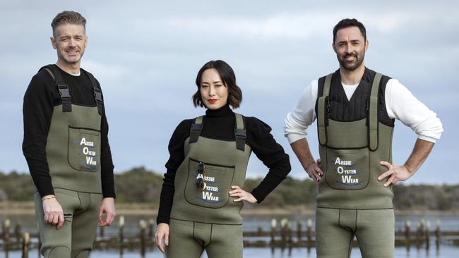 MasterChef Australia Fans &amp; Favourites Jock Zonfrillo, Melissa Leong and Andy Allen on Tasmania's East Coast at an oyster farm near Freycinet National Park.