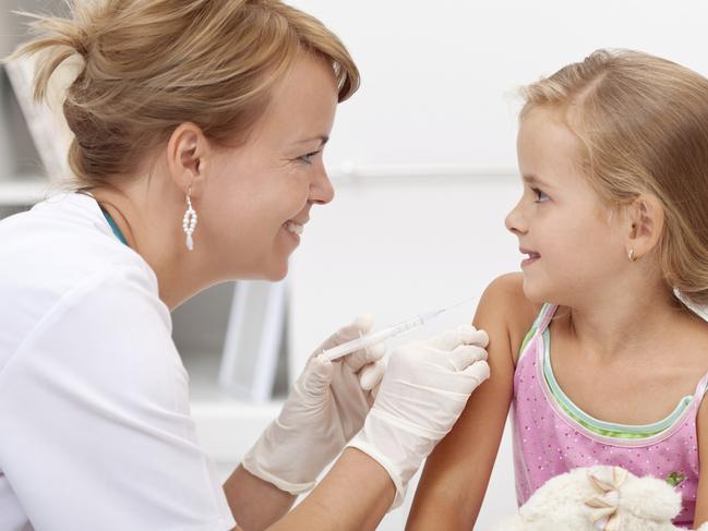 Generic Brave little girl receiving injection. Vaccination story. From Thinkstock.