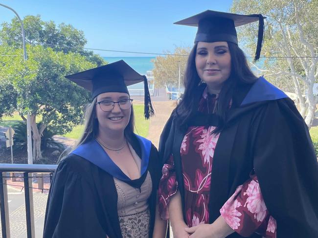 Social work students Megan Sudlow (left) and Pamela Porter (right) at the University of the Sunshine Coast graduation ceremony at the Beach House Hotel on October 12, 2023.