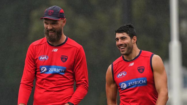 Max Gawn and Christian Petracca. Picture: Tess Gellie/Melbourne FC