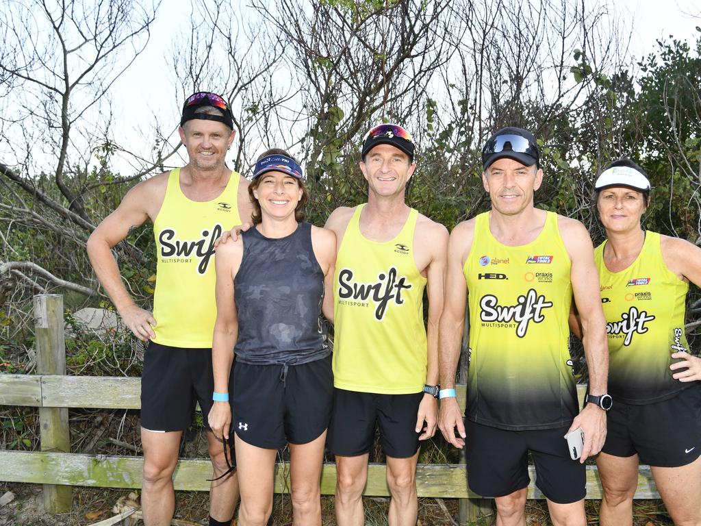 Locals Dave Fleming, Julie Teague, Jason Culton, Darren Adams and Collette Adams come together before the Yamba Triathlon Fun Run