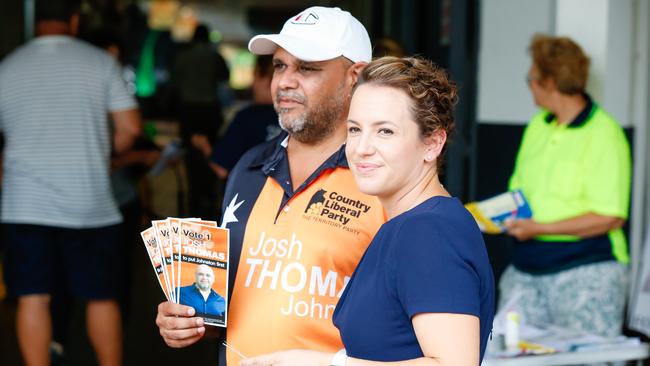 NT Opposition Leader Lia Finocchiaro with CLP’s unsuccessful candidate Josh Thomas during voting on Saturday in the Johnston by-election. Picture: Glenn Campbell