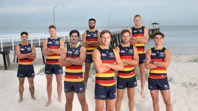 The Crows’ new leadership team: (L-R) Lachlan Murphy, Mitchell Hinge, Darcy Fogarty, Wayne Milera, Jordan Dawson, Brodie Smith, Reilly O’Brien, and Ben Keays. Picture: Dean Martin