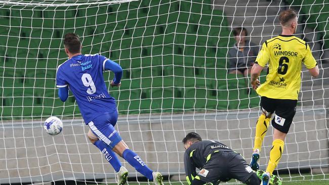 Milos Lujic scores for South Melbourne against Heidelberg United. Picture: David Crosling