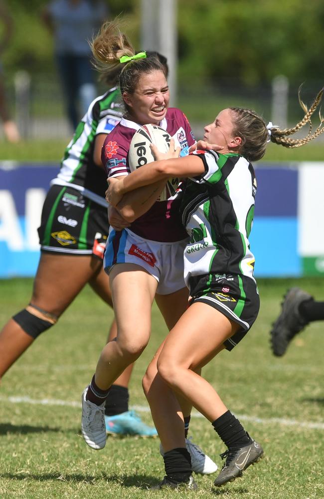 Blackhawks' U19 Logan Roncato makes a ball-and-all tackle on a Mackay Cutter. Picture: Evan Morgan