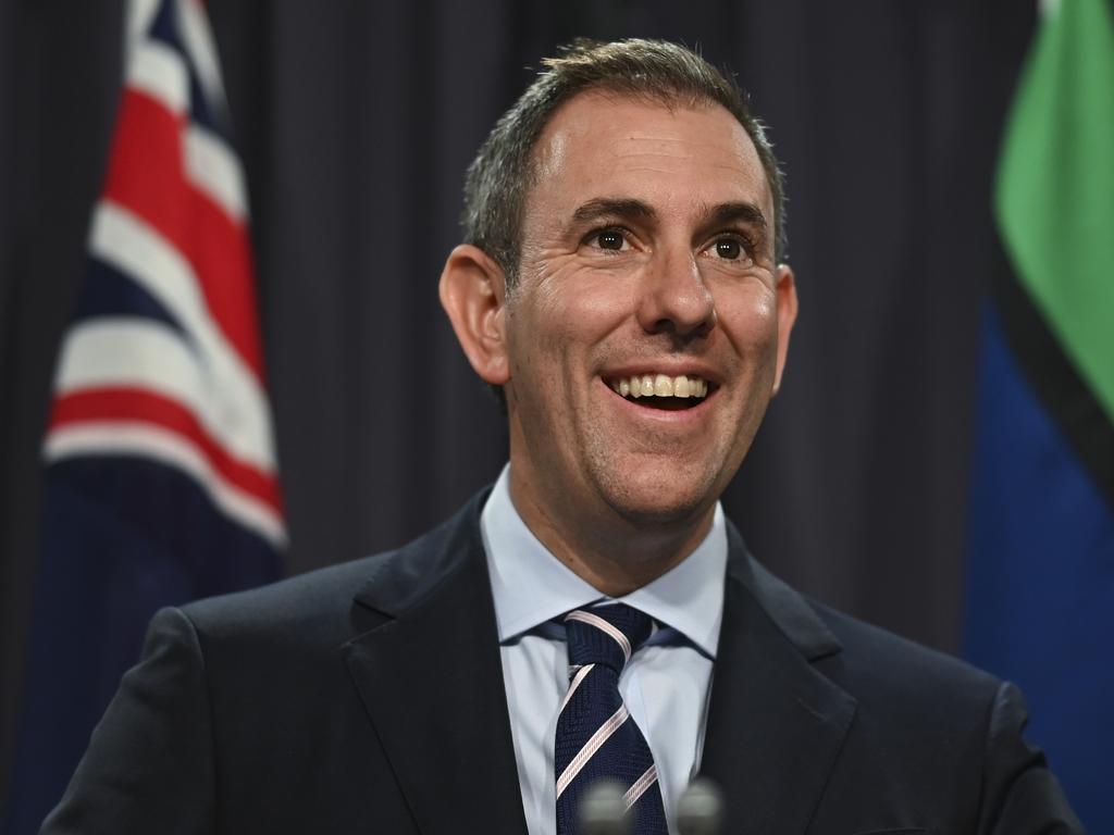 Is Federal Treasurer Jim Chalmers smiling at this press conference because he knows he has glitter polish on his toes? Picture: NCA NewsWire/Martin Ollman