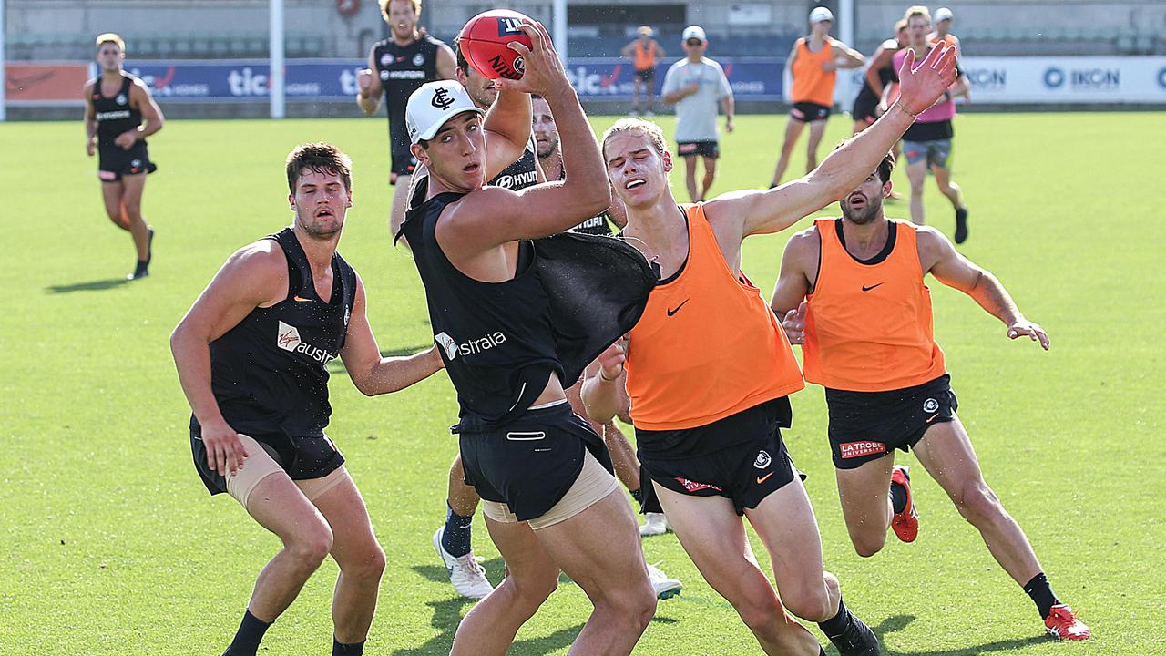 Jacob Weitering marks during match simulation. Picture: Ian Currie