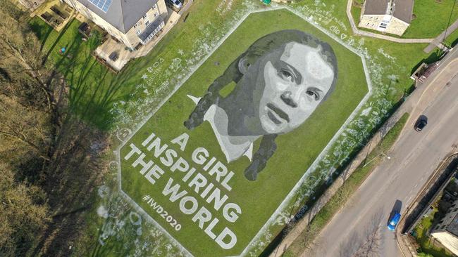 An aerial view above Hebden Bridge, near Leeds, north of England, where a 60m portrait of Swedish climate activist Greta Thunberg has been created. Picture: AFP