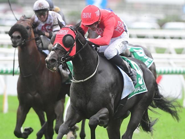 Doomben 10,000 winning horse Mazu, and  jockey Sam Clipperton, co-trainer Paul Snowden Pics Grant Peters Trackside Photography