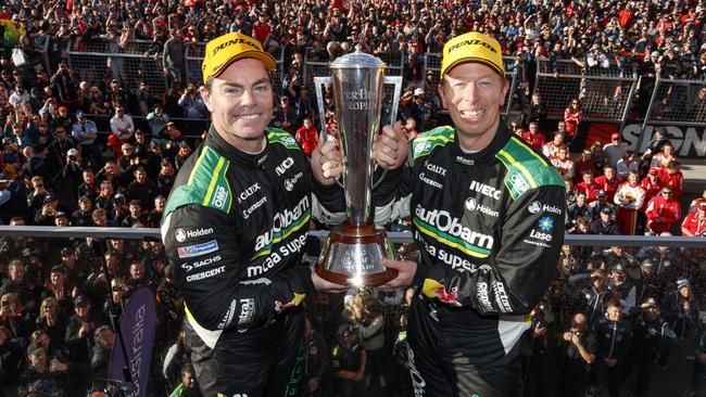 Craig Lowndes and Steve Richards after winning the 2018 Bathurst 1000 in their Autobarn Lowndes Racing Holden Commodore. Picture: Mark Horsburgh